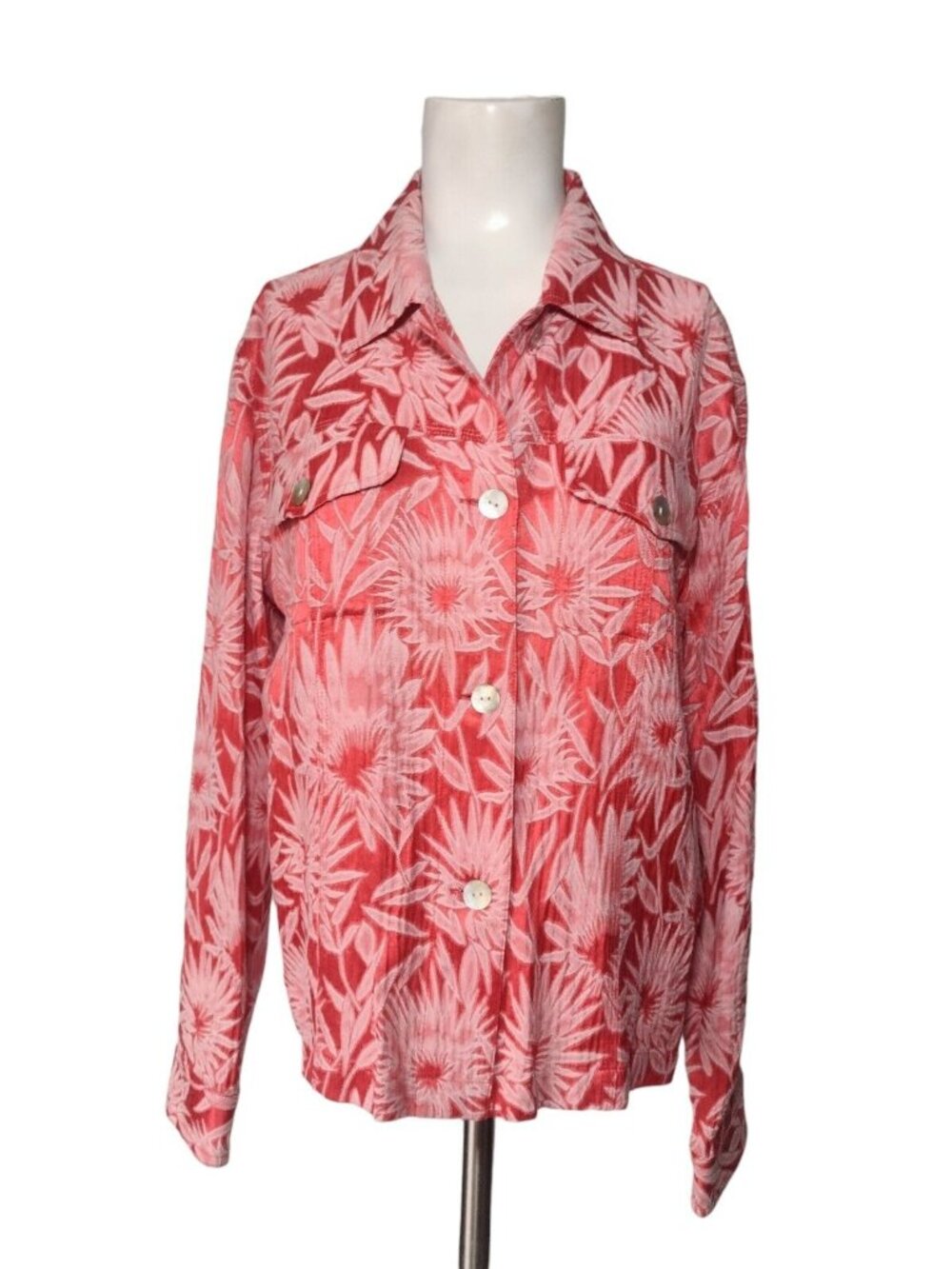 Vintage Chicos Silk Blend Brocade Floral Shirt M Red Button Up Pockets Tropical